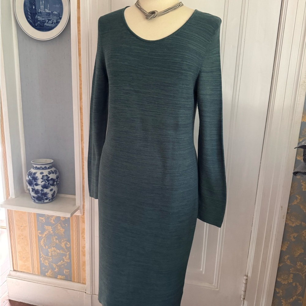 Peruvian Connection Green Ribbed Sheath Dress with Long Sleeves